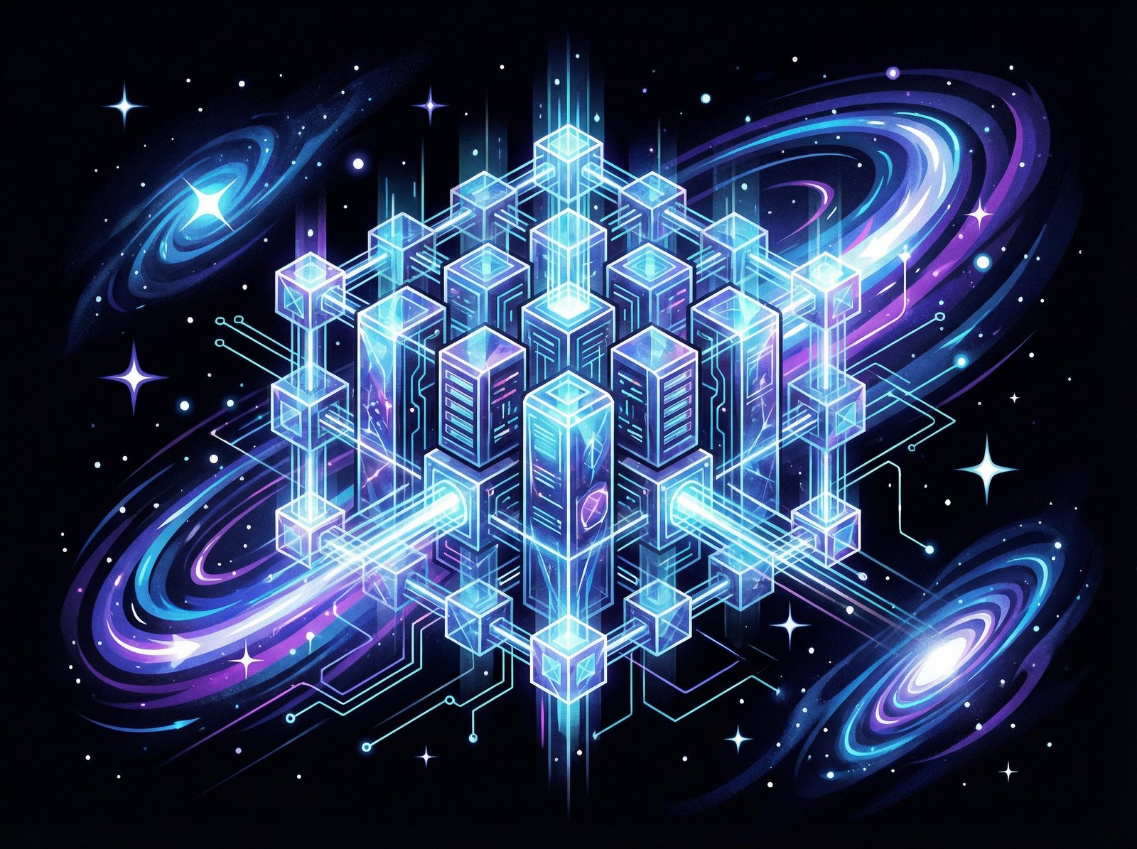 A futuristic data center floating in space, surrounded by stars and nebulae. Emphasizes clean infographic and high contrast. Aspect ratio 4:3, no visible text.