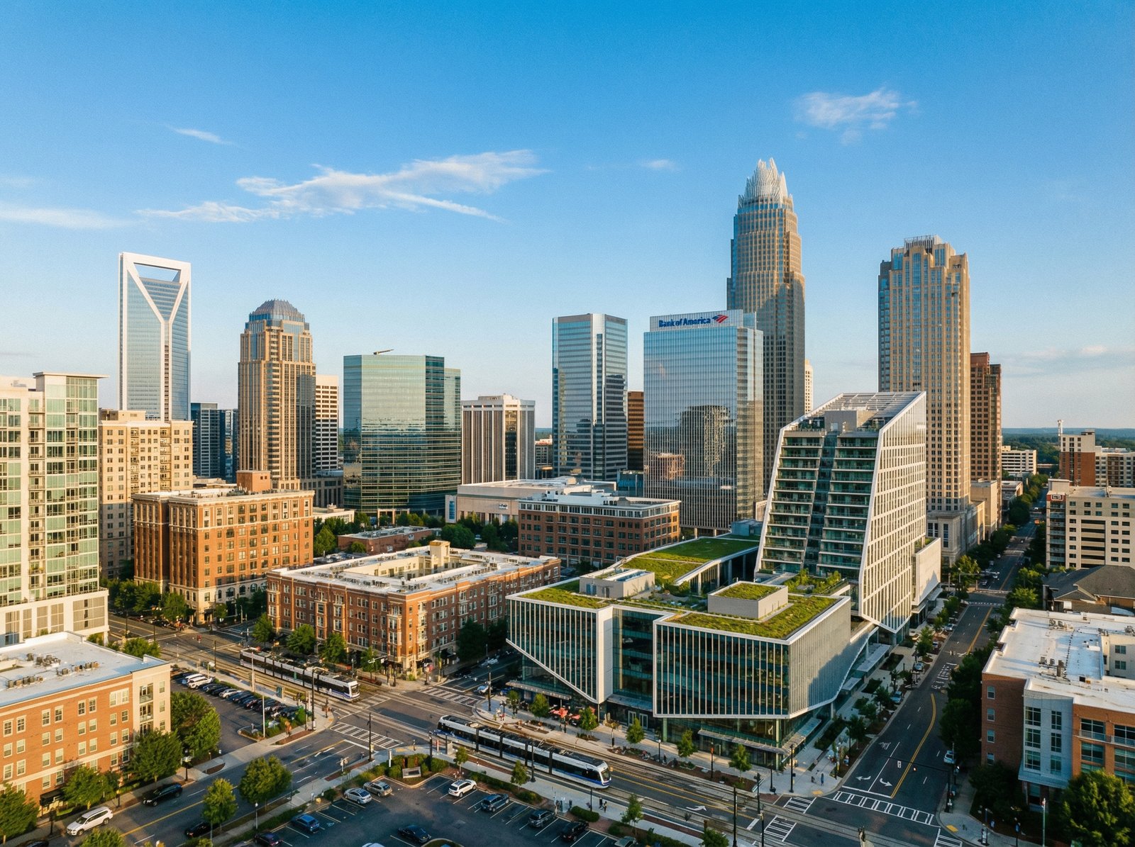 A vibrant, modern cityscape of Charlotte, North Carolina, with a clear sky. Focus on architectural diversity. No visible text. Aspect ratio 4:3.