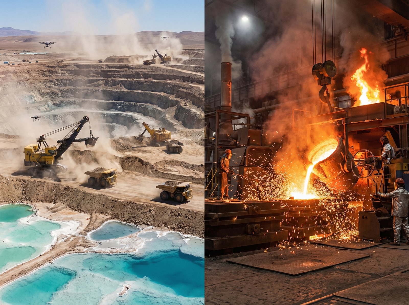 A composite image showing a lithium mining operation on one side and a steel production factory with molten metal on the other. Emphasize industrial activity and power. No visible text. Aspect ratio 4:3.