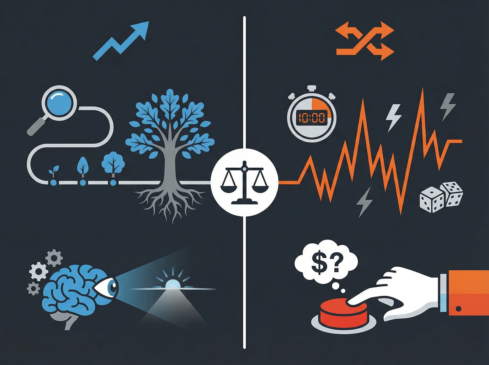 A clear infographic comparing "Investing" and "Trading" concepts. Investing side shows growth over years, a tree growing, long-term vision. Trading side shows rapid up and down arrows, a stopwatch, quick decisions. Clean, modern layout, high contrast. No visible text. Aspect ratio 4:3.