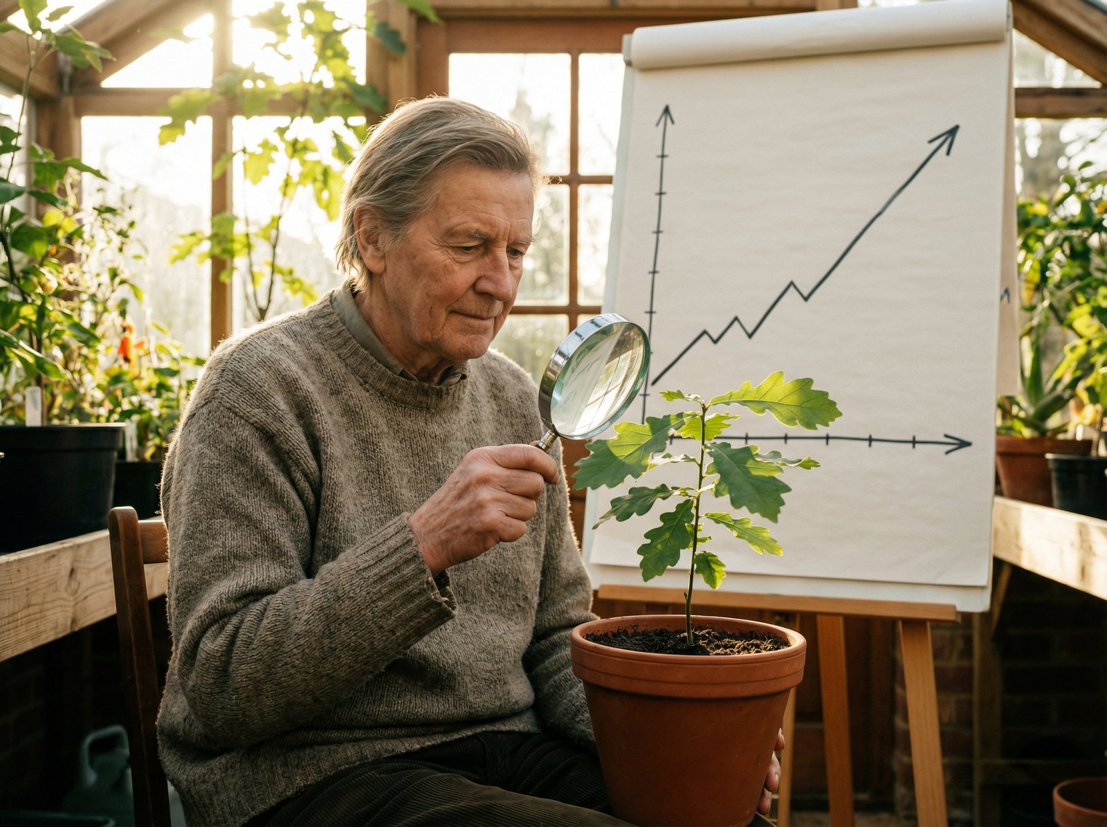 A person looking thoughtfully at a long-term growth chart of a company, with a magnifying glass over a healthy growing plant. Emphasize patience and foresight. Lifestyle photography, warm lighting, natural setting, no visible text. Aspect ratio 4:3.