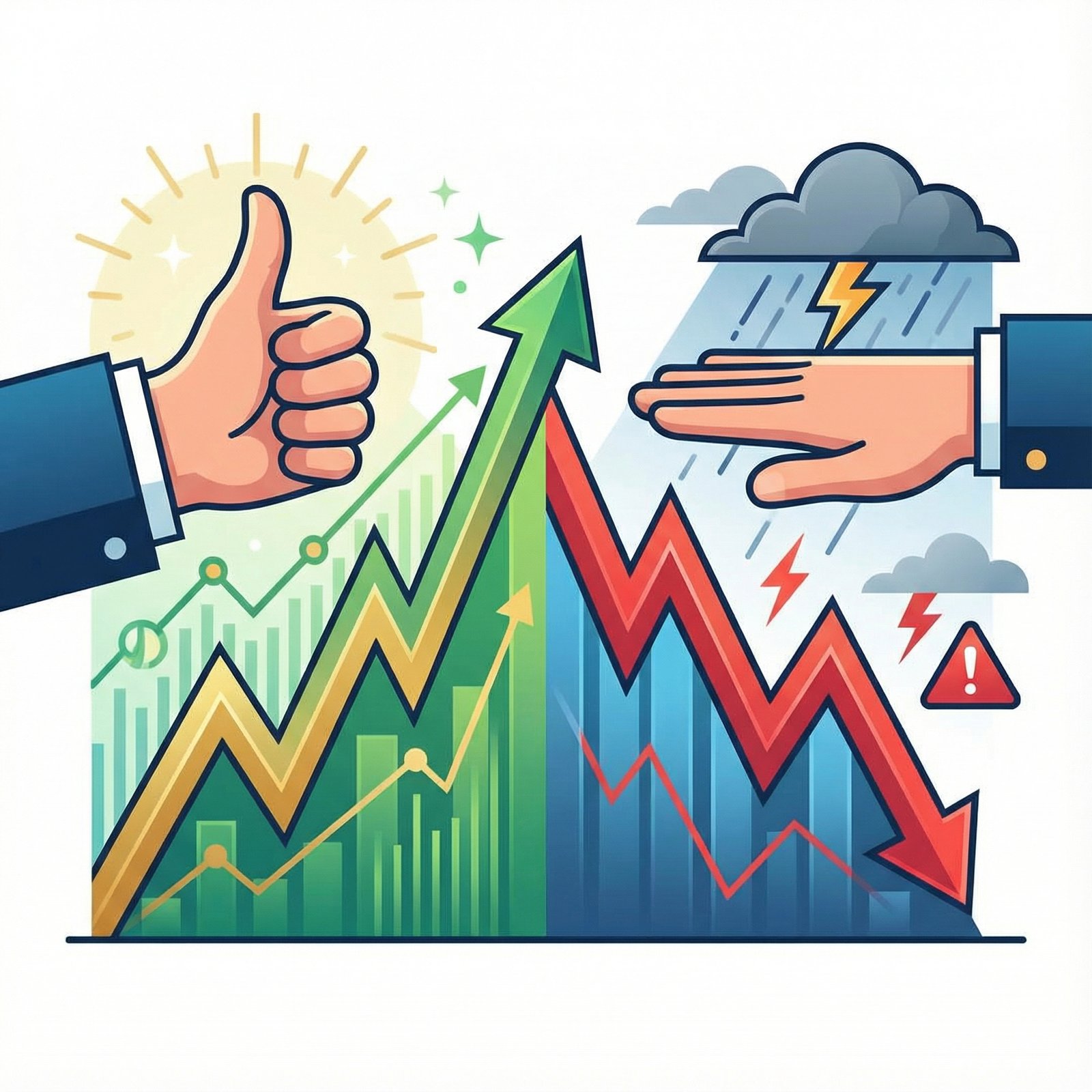 Two hands, one pointing up with a "success" gesture and the other pointing down with a "caution" gesture, overlaid on a volatile stock market chart. One side represents opportunity, the other risk. Clean infographic, modern layout, high contrast, no visible text. Aspect ratio 1:1.