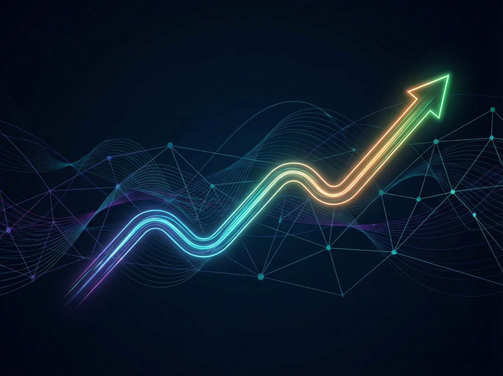 A sleek, modern infographic depicting a cybersecurity company's stock chart showing an upward trend for 2026, with subtle abstract network lines in the background. No visible text. Aspect ratio 4:3.