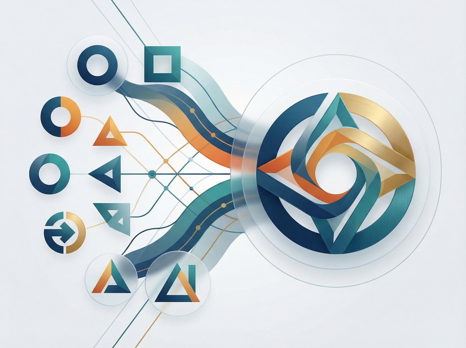 An abstract visual representation of multiple company logos merging into one larger, unified logo, symbolizing acquisition and integration. The style should be clean and corporate with a modern color palette. No visible text. Aspect ratio 4:3.