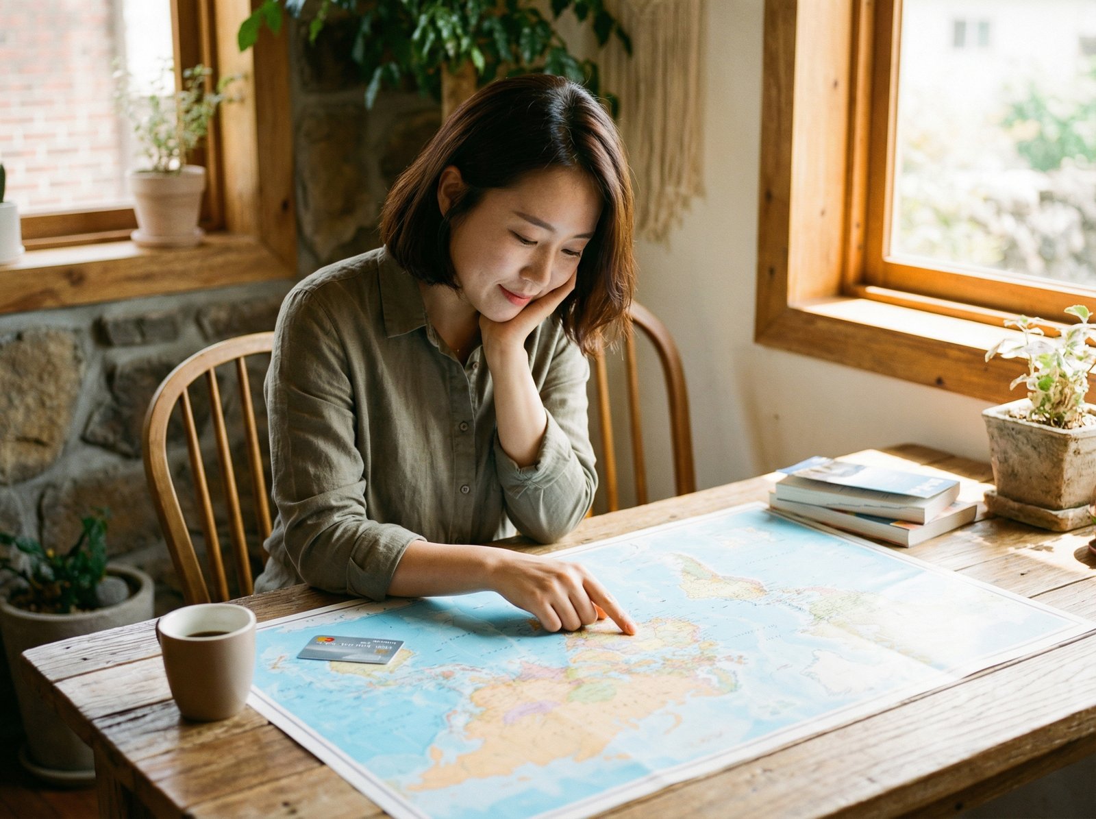 A person looking at a world map, planning their next travel destination with a credit card on the table, warm lighting, natural setting, no visible text, 4:3 aspect ratio, Korean appearance.
