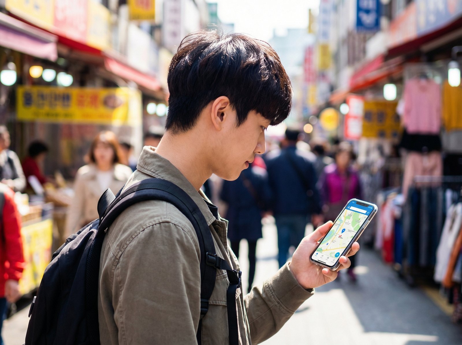A person using their phone to search for travel information while abroad, showcasing the GigSky mobile data plan benefit, modern layout, high contrast, no visible text, 4:3 aspect ratio, Korean appearance.