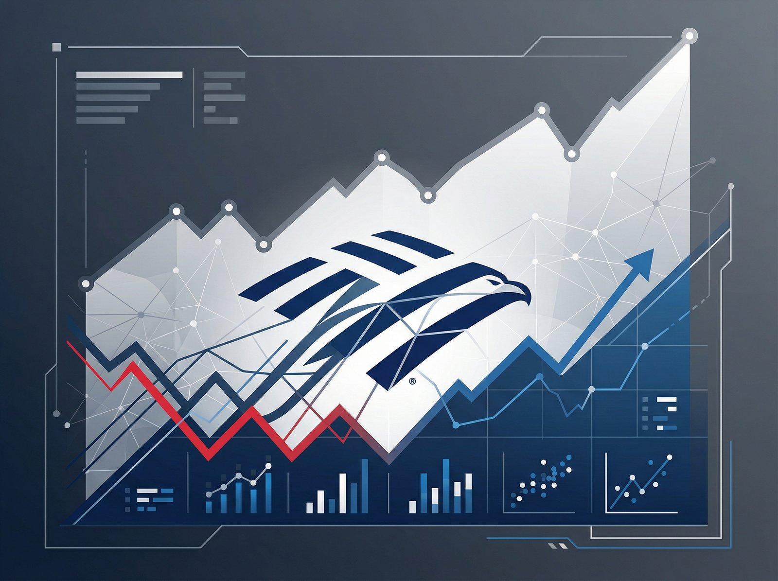 Informational style, clean infographic, modern layout, high contrast. A subtle representation of Bank of America's logo integrated with a sophisticated stock market chart showing both rising and falling trends, implying careful selection in a volatile market. The S&P 500 graph is visible in the background, showing a high valuation. No visible text. Aspect ratio 4:3.