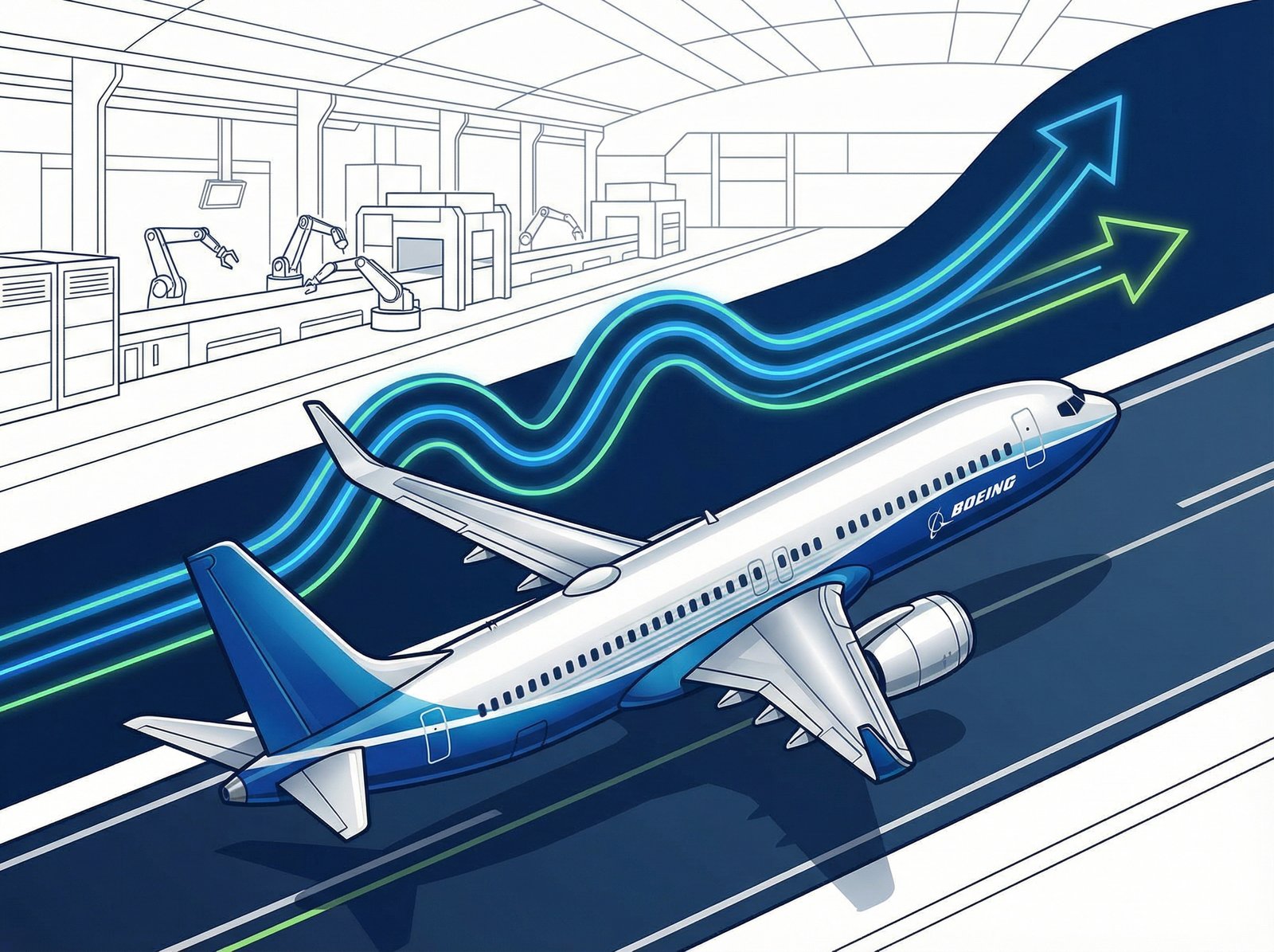 Informational style, clean infographic, modern layout, high contrast. A sleek, modern Boeing commercial airplane taking off, with subtle graphic lines behind it indicating stable production rates and improving performance. A factory or assembly line is visible in the background. No visible text. Aspect ratio 4:3.
