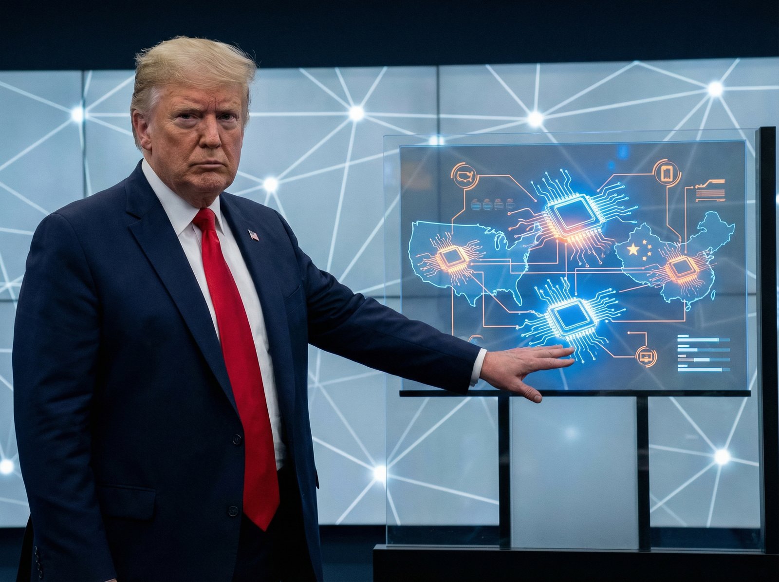 Former President Donald Trump in a serious, determined posture, gesturing towards a digital representation of computer chips and a map of the United States and China. The background is a modern, clean infographic style with high contrast, no visible text. Aspect ratio 4:3.
