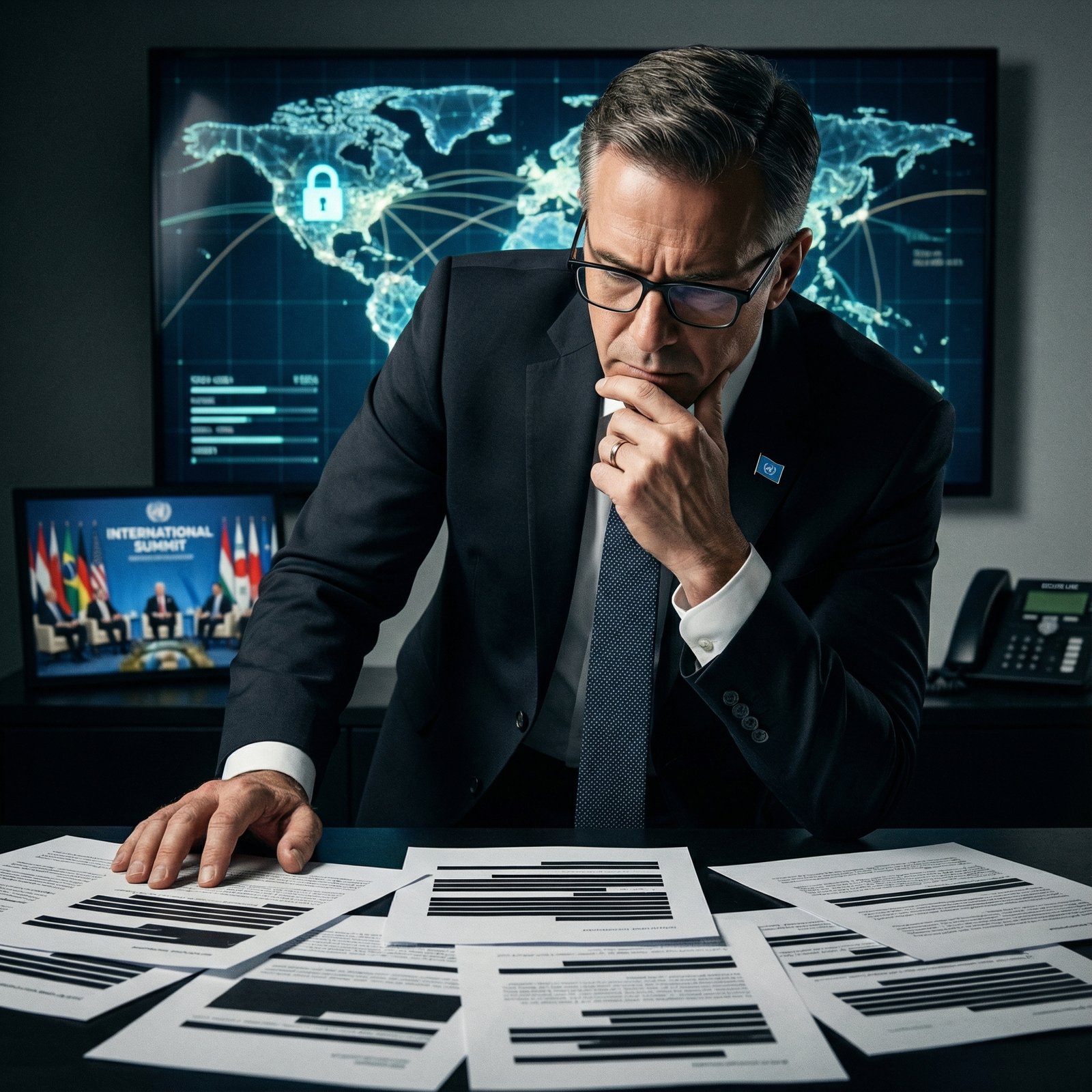 A serious, focused government official examining documents related to a technology deal, with subtle elements hinting at cybersecurity and international relations in the background. The style is informational with a modern layout and high contrast, no visible text. Aspect ratio 1:1.