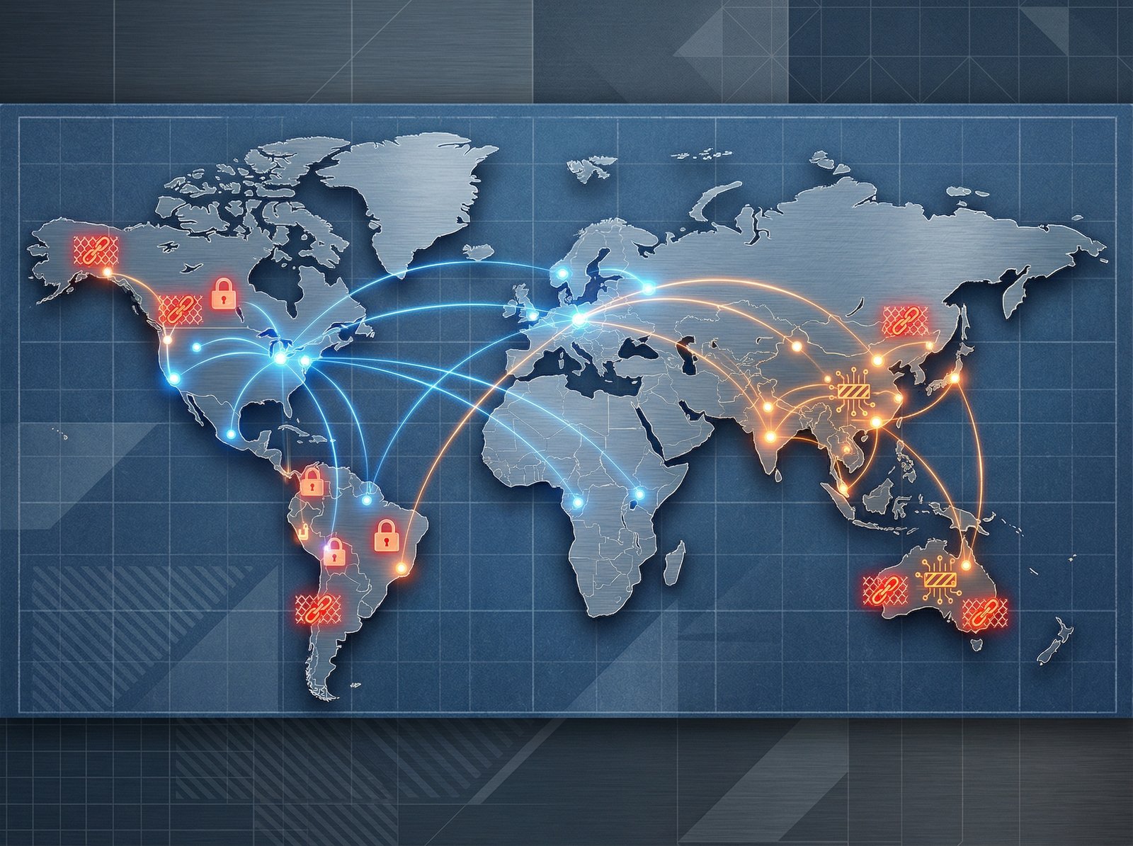 A stylized world map with glowing lines connecting key technological hubs, focusing on North America and Asia. Overlayed are symbols representing regulations and restrictions on semiconductor chips, illustrating global trade and security concerns. The background has a textured, modern feel, no visible text. Aspect ratio 4:3.