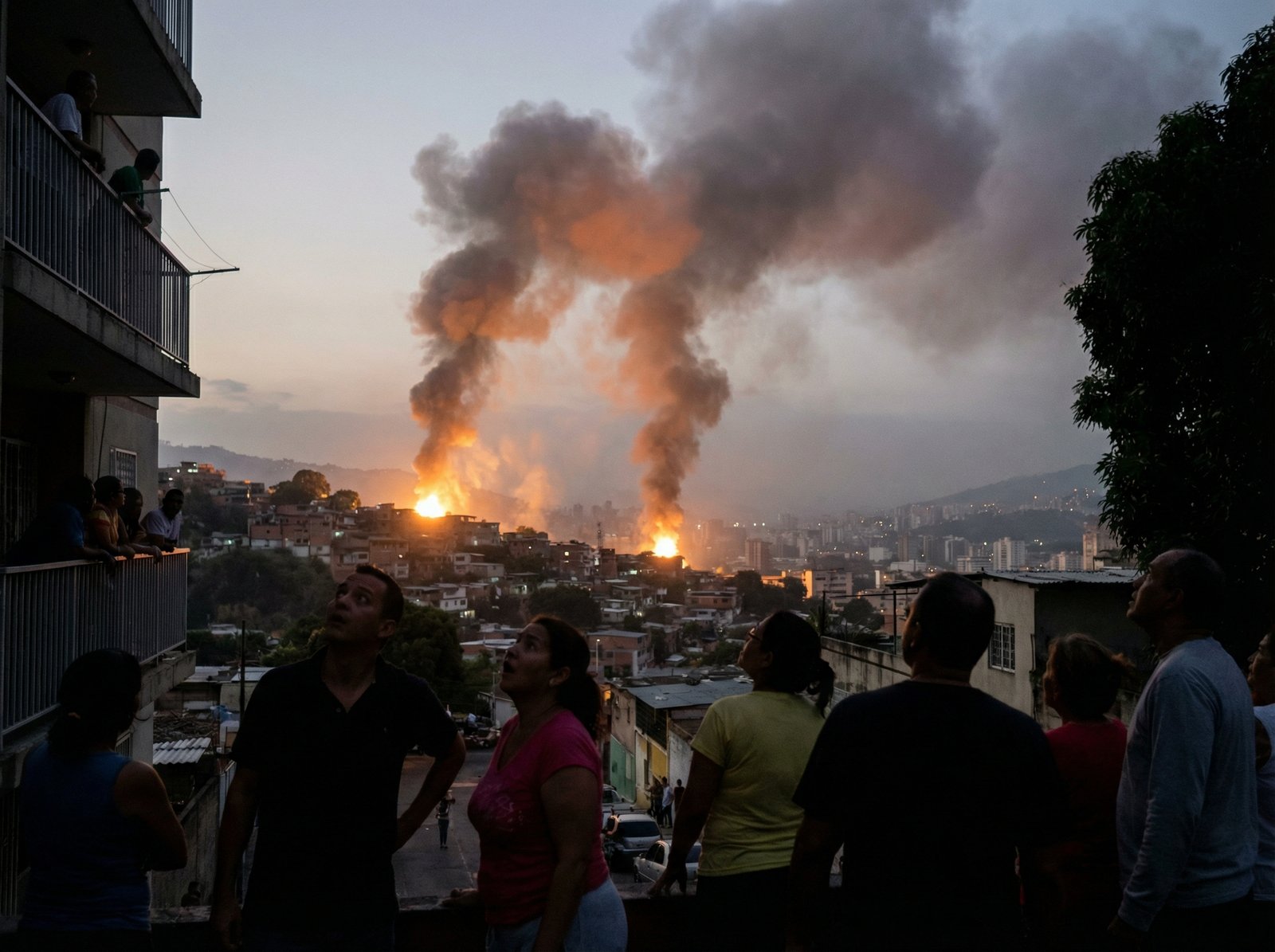 Smoke billowing into the sky over Caracas, Venezuela, with bright orange flashes from explosions at dawn, reflecting the shock and fear of the residents. Aspect ratio 4:3, no visible text, informational style.