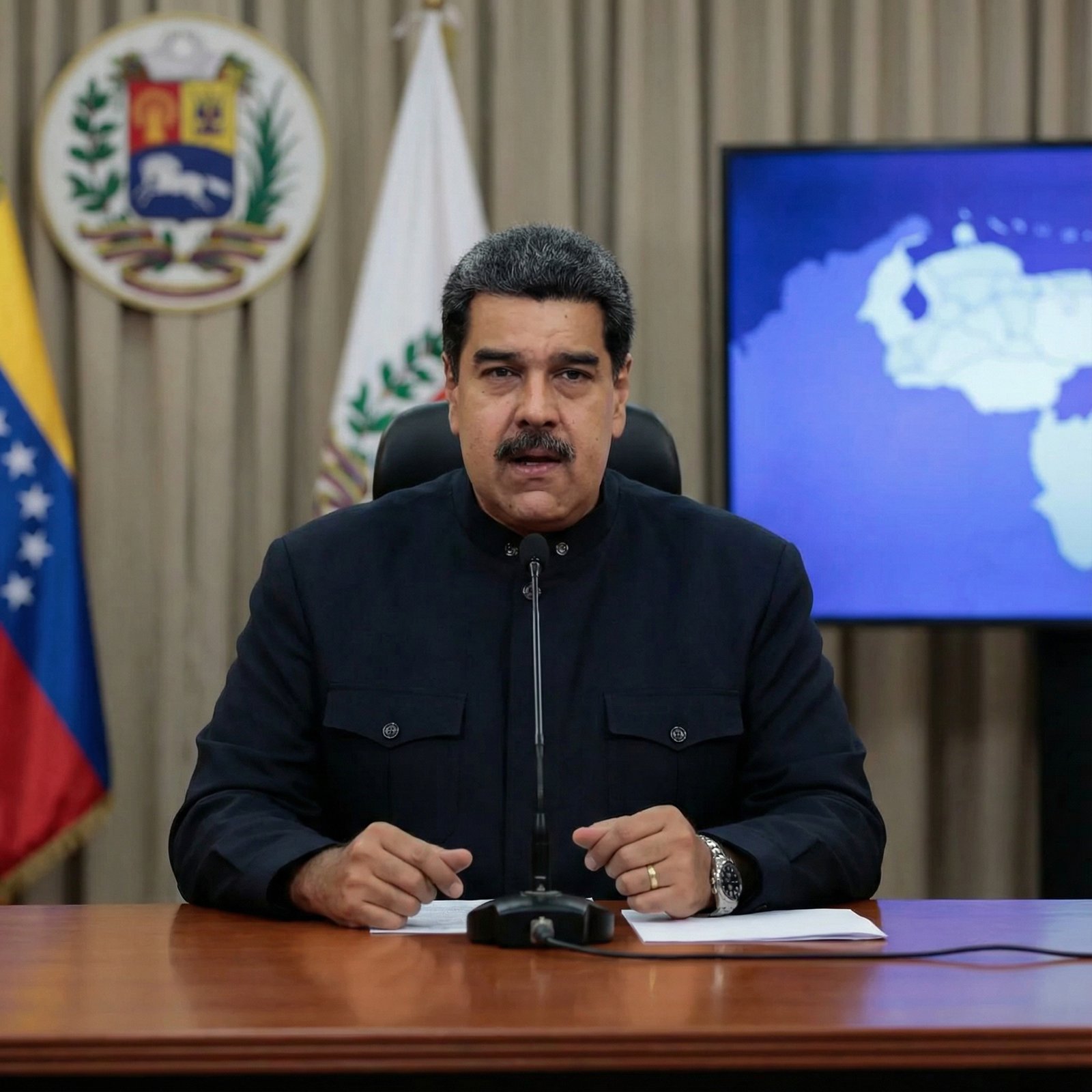 Nicolas Maduro, President of Venezuela, giving an urgent statement on national television, with a serious and determined expression. The background is formal, reflecting a national emergency. Aspect ratio 1:1, no visible text, informational style.