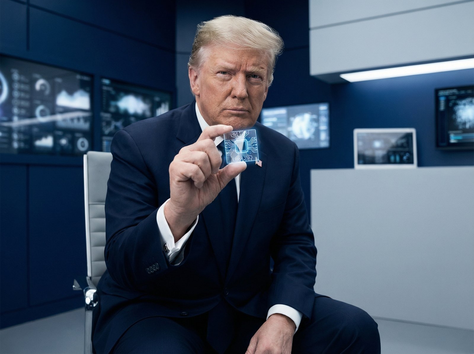 Former President Donald Trump looking serious, holding a transparent microchip with a digital circuit pattern, in a modern, high-contrast, informational setting. The background is a gradient of deep blue and light grey. The composition is centered focus, no visible text. Aspect ratio 4:3.