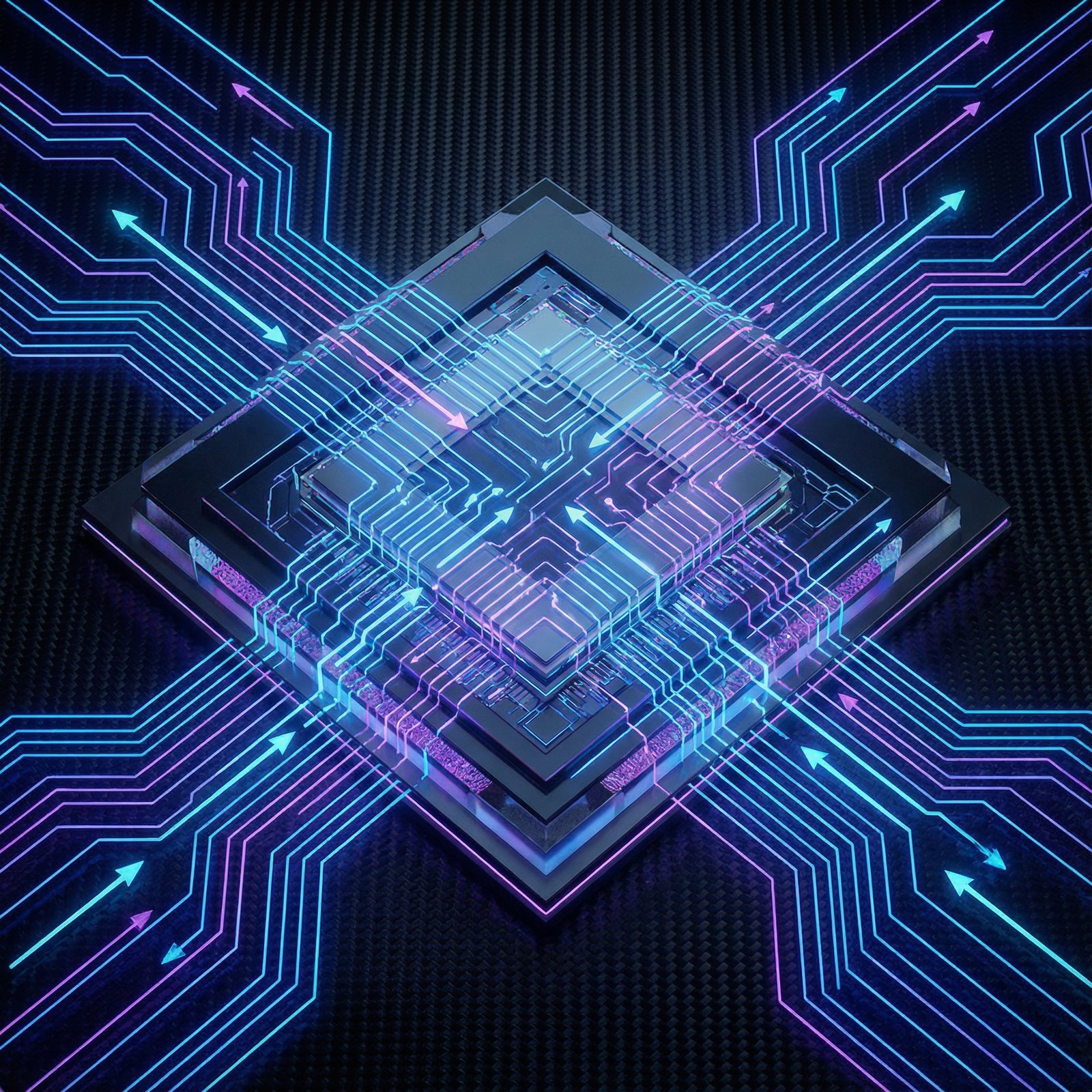 A clean infographic showing the intricate design of an indium phosphide chip, with glowing circuits and data flow arrows, on a dark, textured background. Modern layout, high contrast, no visible text. Aspect ratio 1:1.