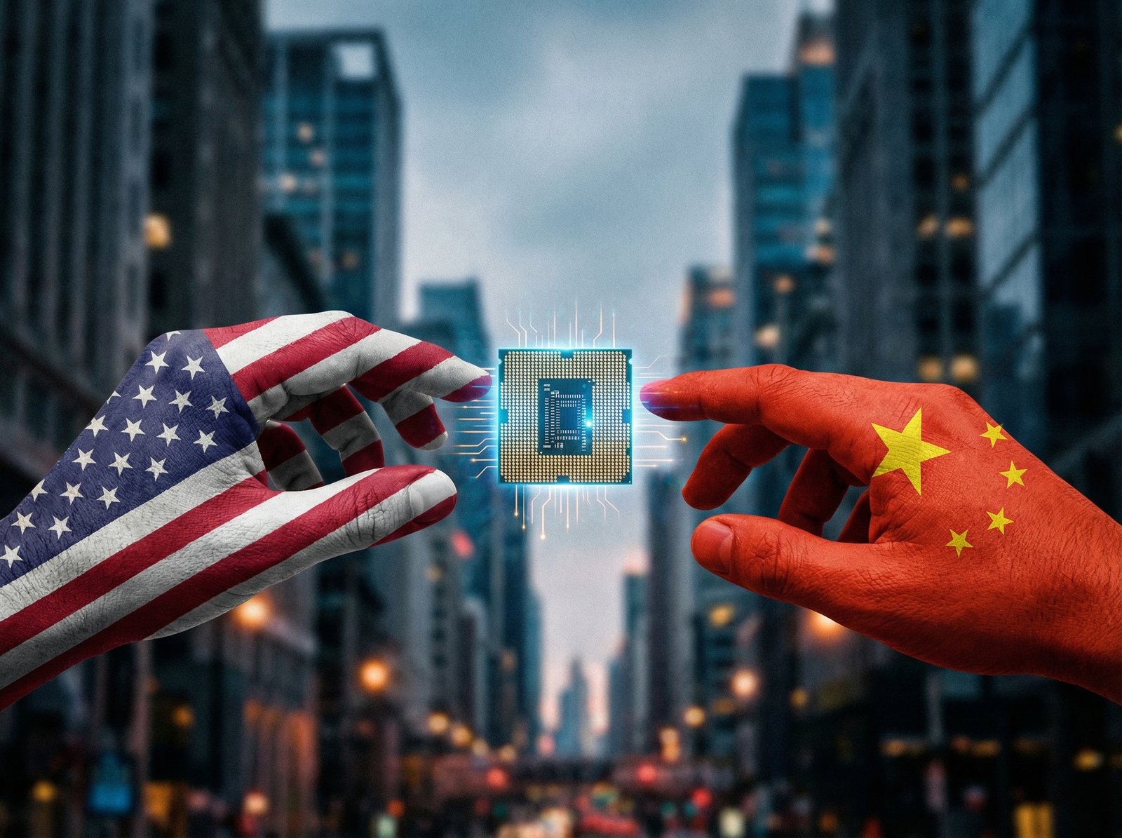 Two hands, one representing the US flag and the other the Chinese flag, reaching for a glowing microchip in the center. The background is a blurred cityscape, emphasizing geopolitical tension. Modern layout, high contrast, no visible text. Aspect ratio 4:3.