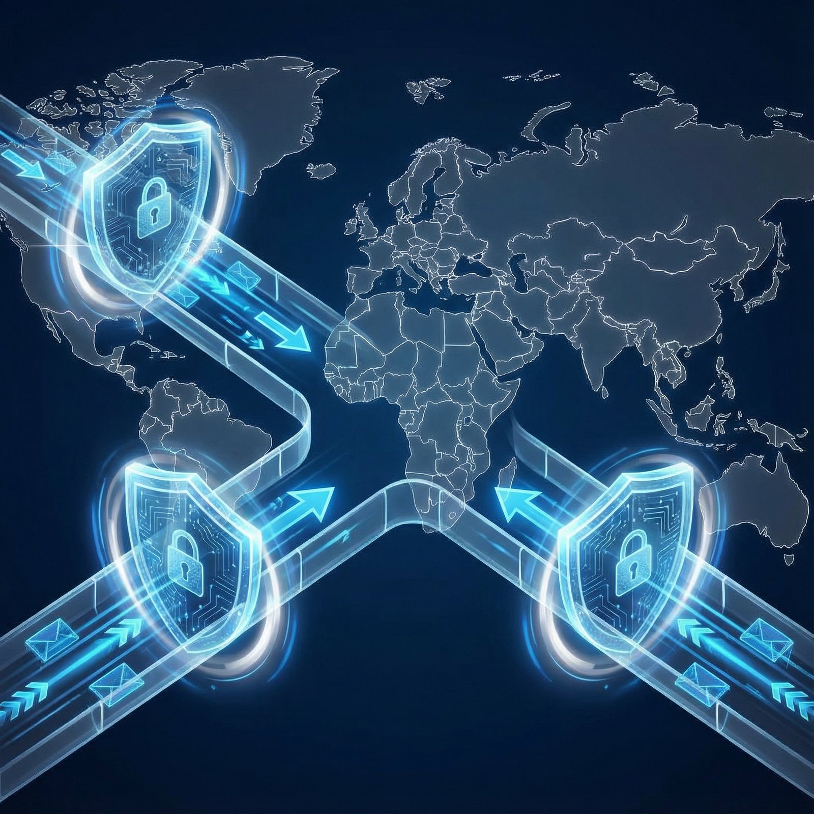 A clean infographic representing data flowing through secure channels, guarded by digital shields, with faint outlines of international borders in the background, symbolizing national security in tech. Modern layout, high contrast, no visible text. Aspect ratio 1:1.