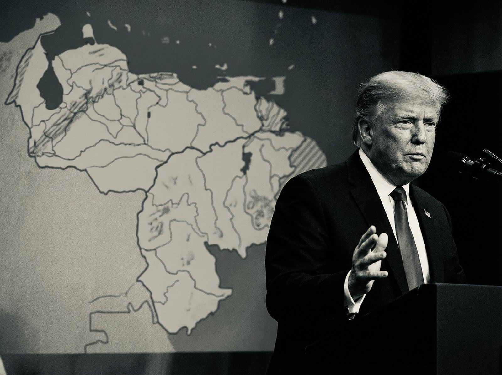 A powerful image of Donald Trump making a serious announcement, with a subtle, stylized map of Venezuela in the background. Informational style, high contrast, no visible text. Aspect ratio 4:3.