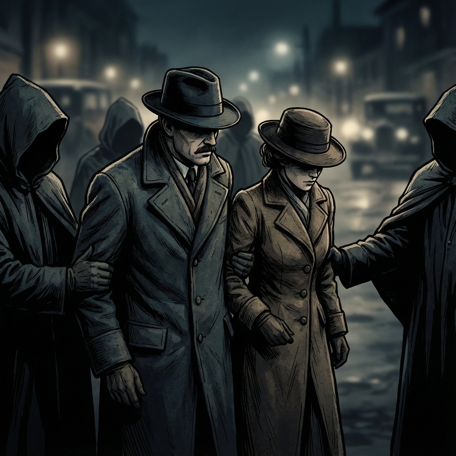 A dramatic, informational style illustration of a figure resembling Nicolas Maduro and his wife being discreetly escorted away. Focus on the figures, blurred background suggesting an operation. No visible text. Aspect ratio 1:1.