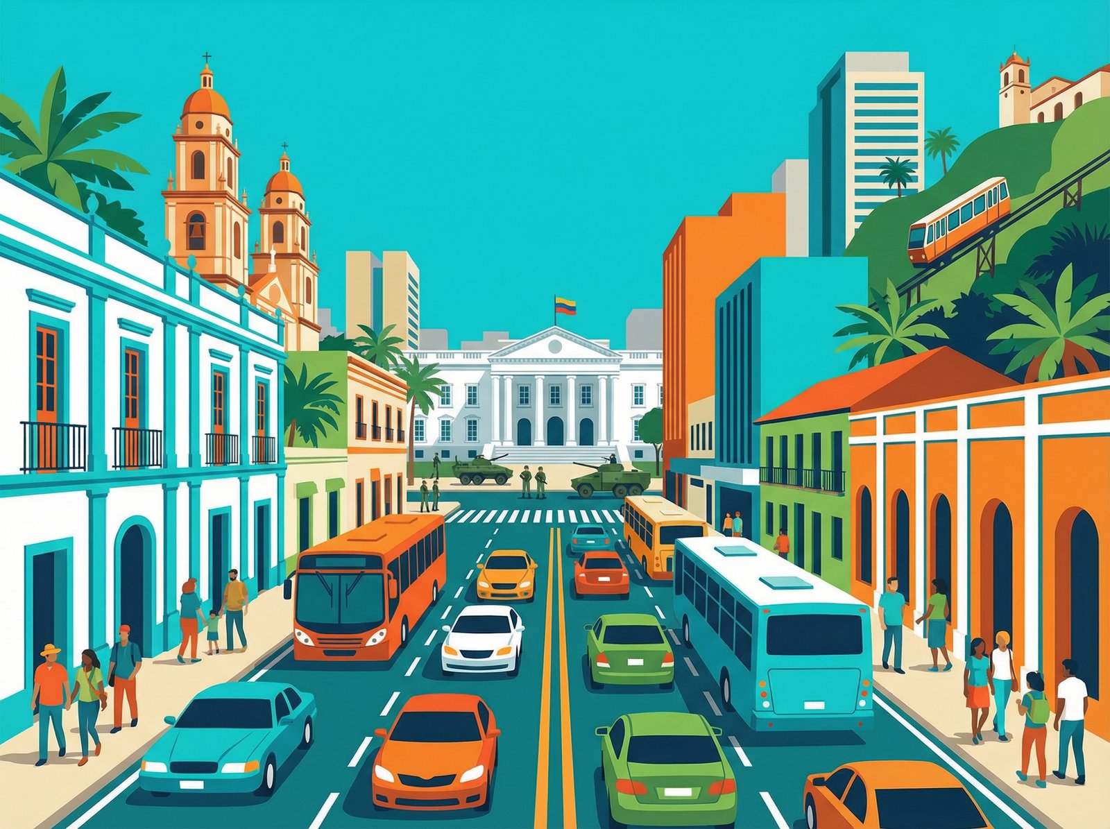 An informational illustration of a city street in Caracas, Venezuela, with a slight sense of unrest or military presence in the background. Modern layout, vibrant colors, no visible text. Aspect ratio 4:3.