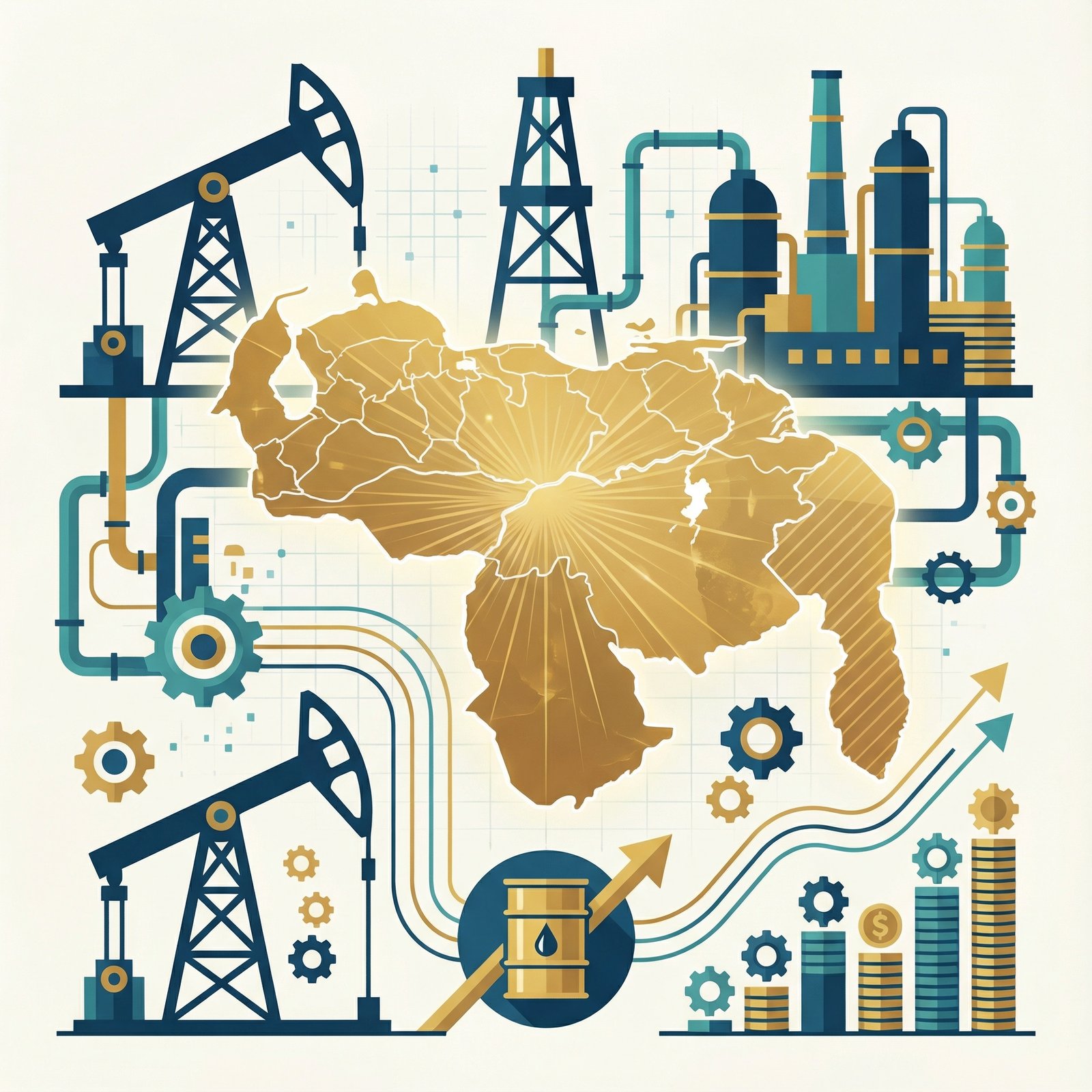 A clean infographic style image of oil derricks or a oil refinery, with a subtle overlay of Venezuela's map indicating its vast oil reserves. Emphasize the economic aspect. No visible text. Aspect ratio 1:1.