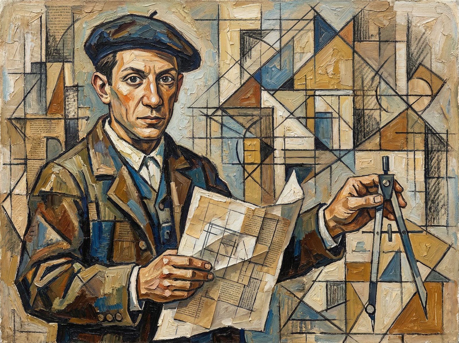 A cubist-inspired architect, resembling a young Pablo Picasso, holding a blueprint and a compass. The background is a abstract, geometric architectural drawing. Style: artistic rendering, textured background. Aspect ratio: 4:3. No visible text. No Korean text.