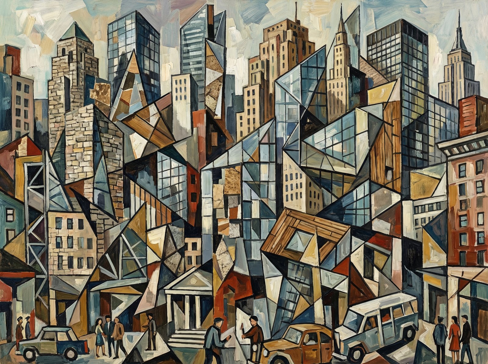 A bustling city skyline featuring several buildings designed in a distinctive Cubist architectural style. Geometric shapes, fragmented perspectives, and a mix of materials create a dynamic and artistic urban landscape. Style: illustration, artistic rendering. Aspect ratio: 4:3. No visible text. No Korean text.