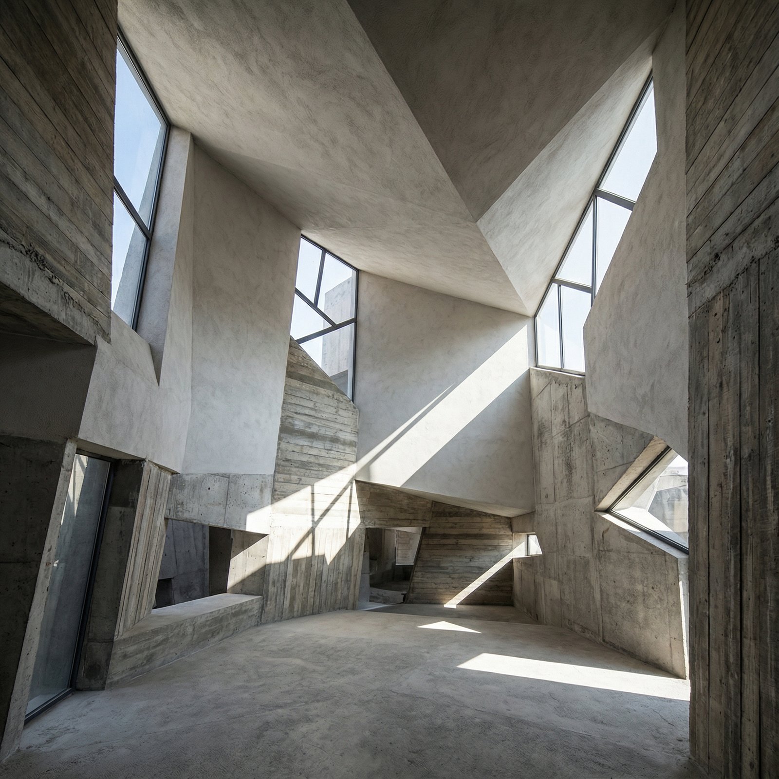 An interior view of a building inspired by Cubist art, with fragmented walls, angled ceilings, and unexpected openings. Sunlight streams through various geometric windows, creating dynamic light and shadow patterns on the textured surfaces. Style: informational, high contrast. Aspect ratio: 1:1. No visible text. No Korean text.