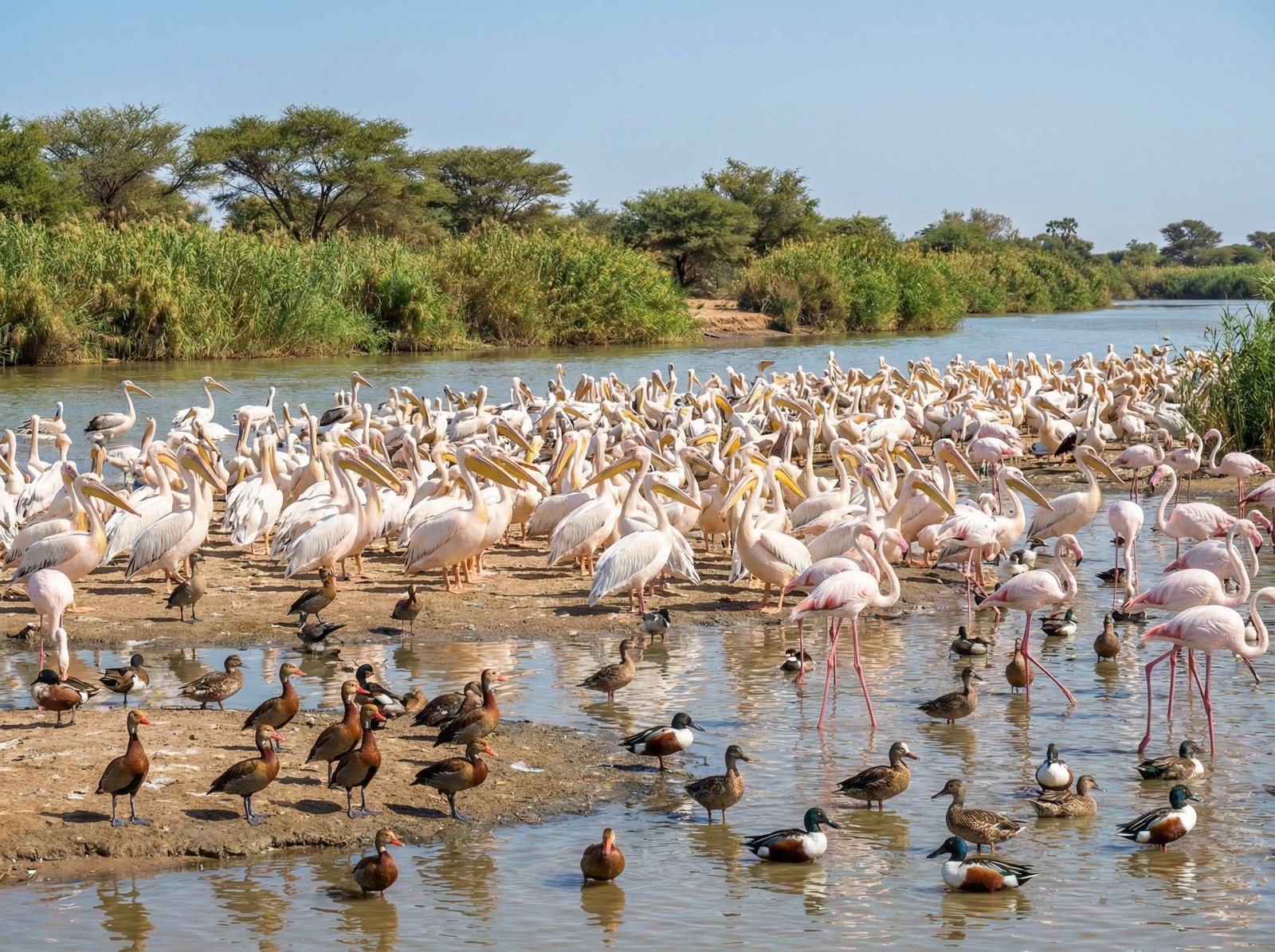A vibrant scene from Djoudj National Bird Sanctuary showing a dense gathering of diverse bird species like pelicans, flamingos, and ducks, with lush green vegetation in the background. The lighting is bright and natural. Aspect ratio 4:3, no visible text.