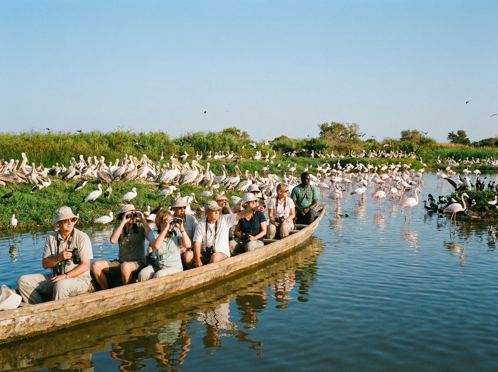 Tourists on a small boat navigating through the tranquil waters of Djoudj National Bird Sanctuary, observing various birds on the banks and in the water. The sky is clear, and the natural scenery is vibrant. Aspect ratio 4:3, no visible text.