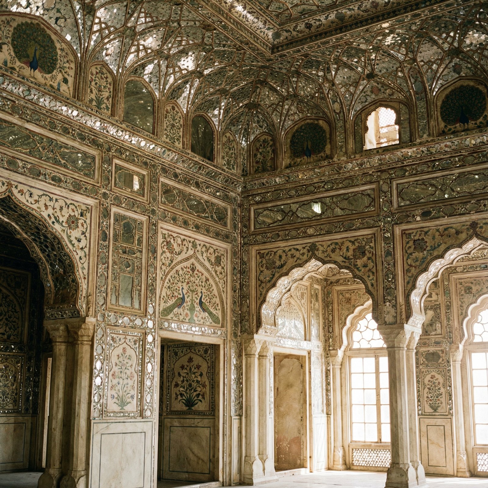 Interior of Sheesh Mahal in Lahore Fort, showing intricate mirror work on walls and ceiling, historical and opulent. History and Culture style, no visible text, aspect ratio 1:1