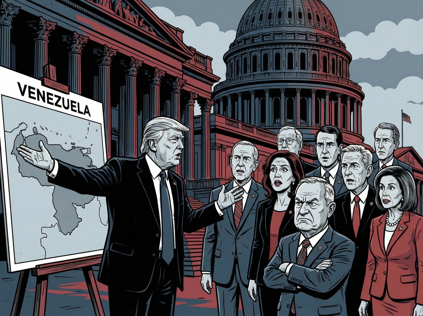 A political cartoon depicting President Trump and members of Congress, with tension between them. Trump is gesturing towards a map of Venezuela, while various members of Congress look on with mixed expressions of anger and confusion. The background is a representation of the Capitol building. Aspect ratio 4:3, no visible text, no Korean text, informational style, high contrast, modern layout.