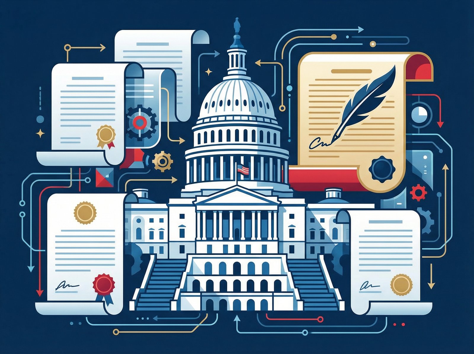 An illustration of the U.S. Capitol building with legal documents and the U.S. Constitution overlayed, representing the concept of congressional authority and legal frameworks. The style is clean infographic, with a modern layout and high contrast. Aspect ratio 4:3, no visible text, no Korean text, informational style, high contrast, modern layout.