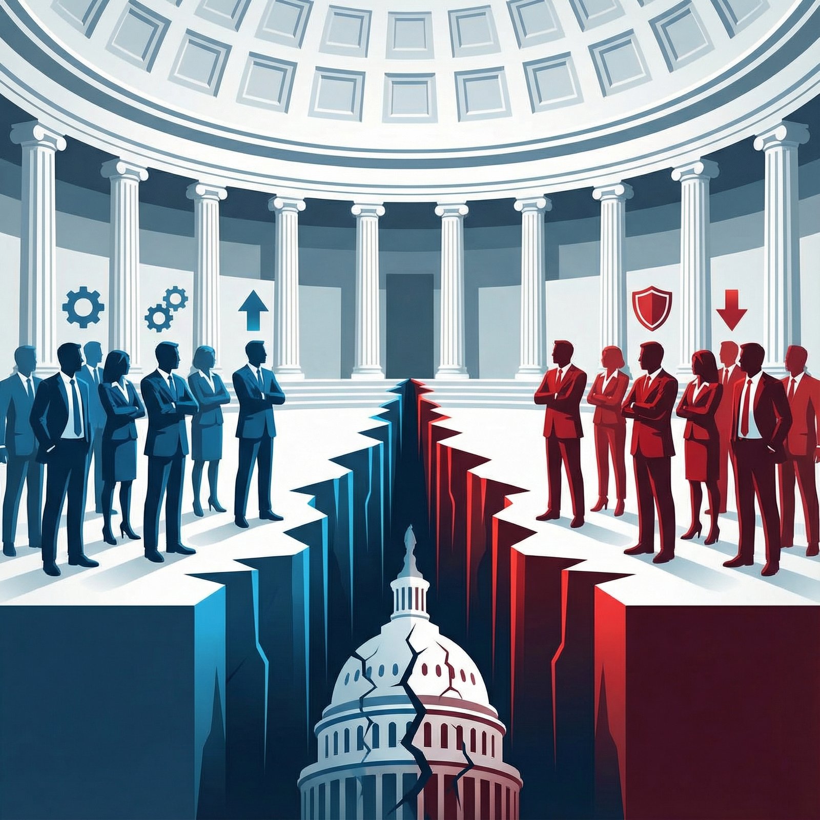A visual metaphor for political disagreement within the US Congress, showing two groups of people on opposing sides, with a clear divide in the middle, representing different political views. The background is a grand, institutional setting, implying government or law. Aspect ratio 1:1, no visible text, no Korean text, informational style, clean infographic, high contrast.