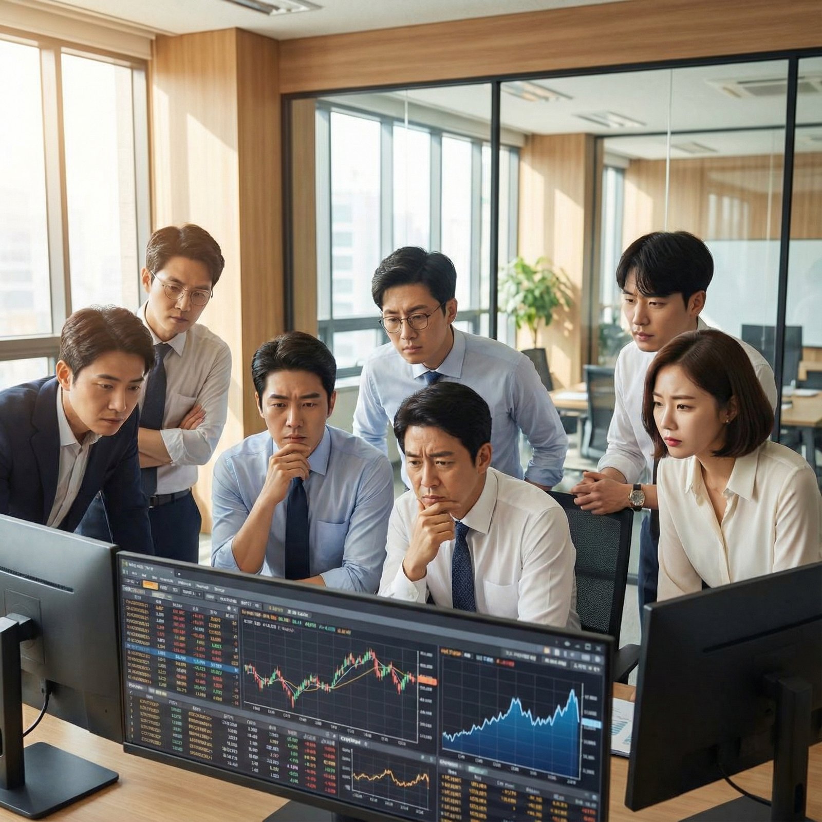 A diverse group of investors, with Korean appearance, looking at multiple complex financial charts with expressions of deep thought and caution. The background is a modern office setting. Lifestyle photography, warm lighting, natural setting, aspect ratio 1:1, no visible text.