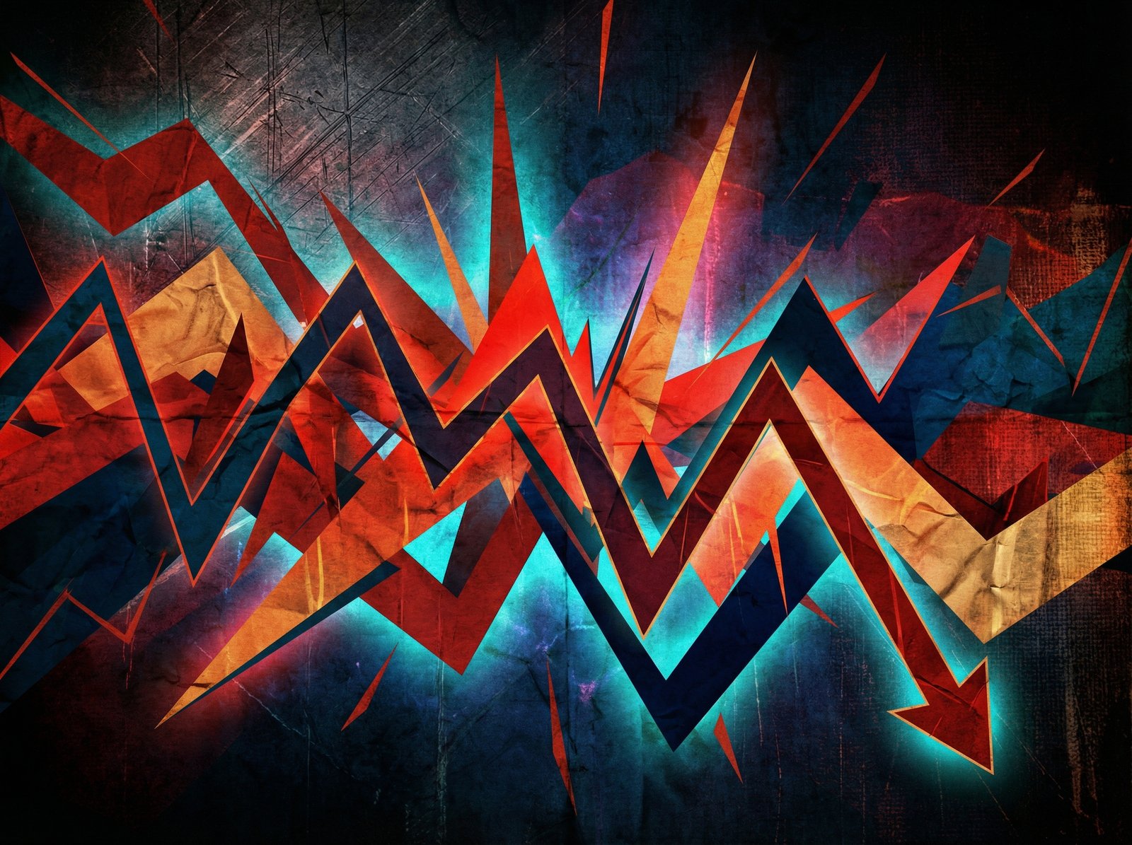 A dynamic, abstract visualization representing financial risk and volatility. Lines and shapes intersect sharply, showing both upward and downward spikes, against a dark, textured background with a subtle glow. Illustration, artistic rendering, textured background, aspect ratio 4:3, no visible text.