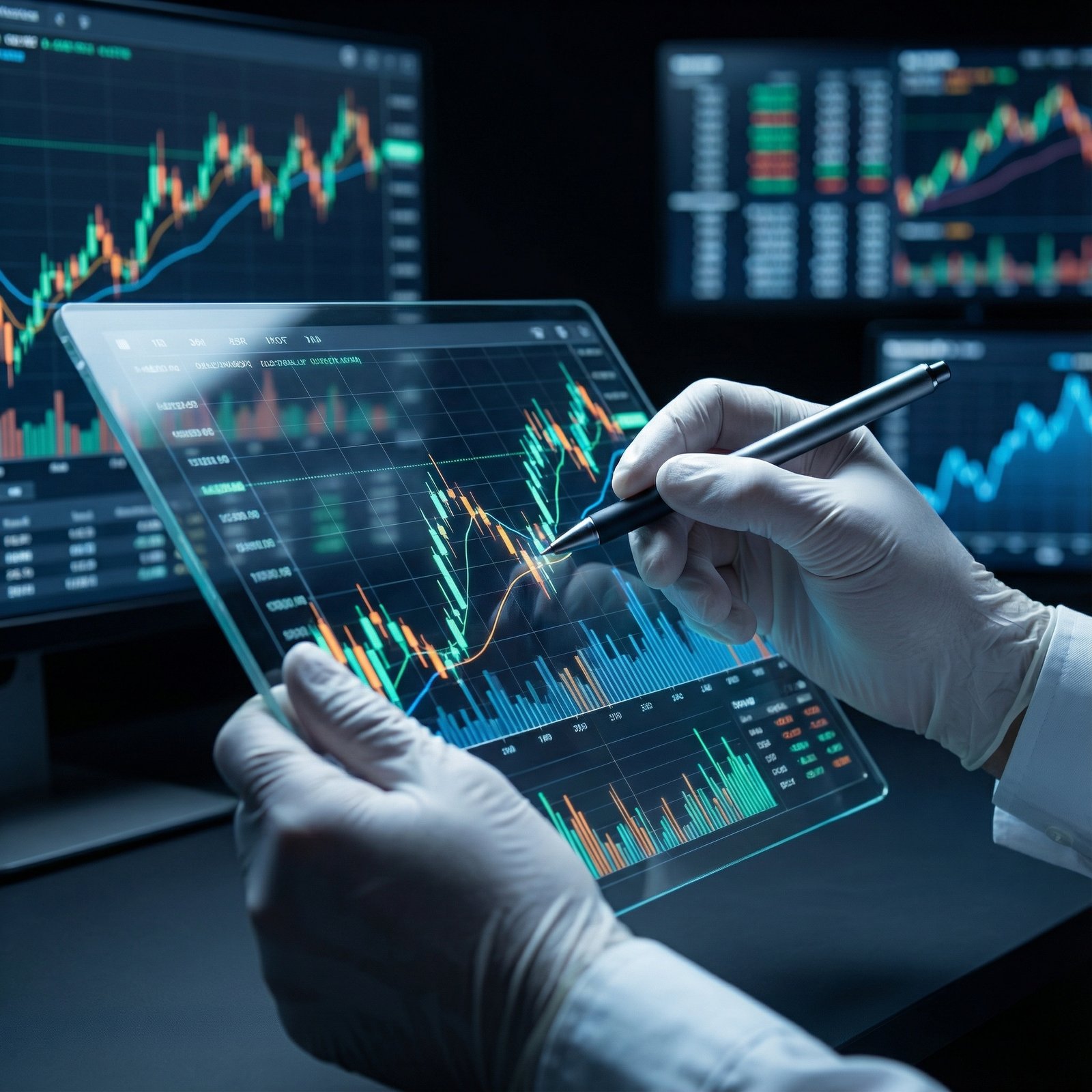 A detailed, close-up shot of a person's hands using a stylus on a transparent screen displaying intricate financial charts and data, with other screens showing market trends in the background. Informational, modern layout, high contrast, aspect ratio 1:1, no visible text.
