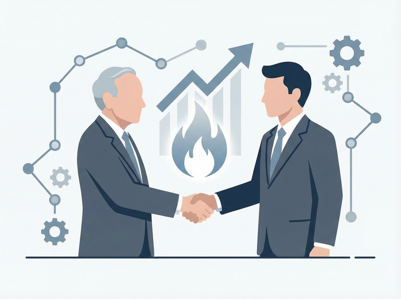 Warren Buffett shaking hands with Greg Abel, a symbolic passing of the torch. Modern, clean infographic style. aspect ratio 4:3, no visible text, no Korean text