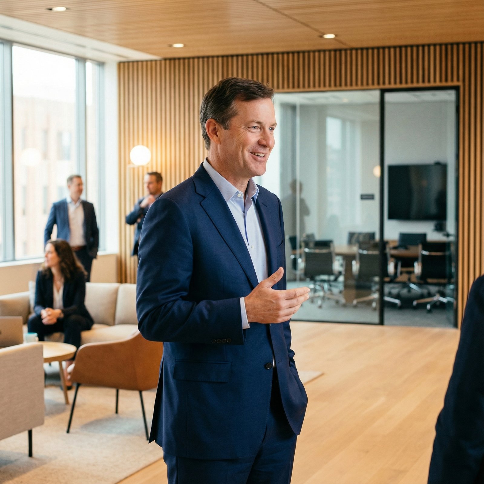 Greg Abel in a modern, professional setting, looking confident. Informational style with warm lighting. aspect ratio 1:1, no visible text, no Korean text