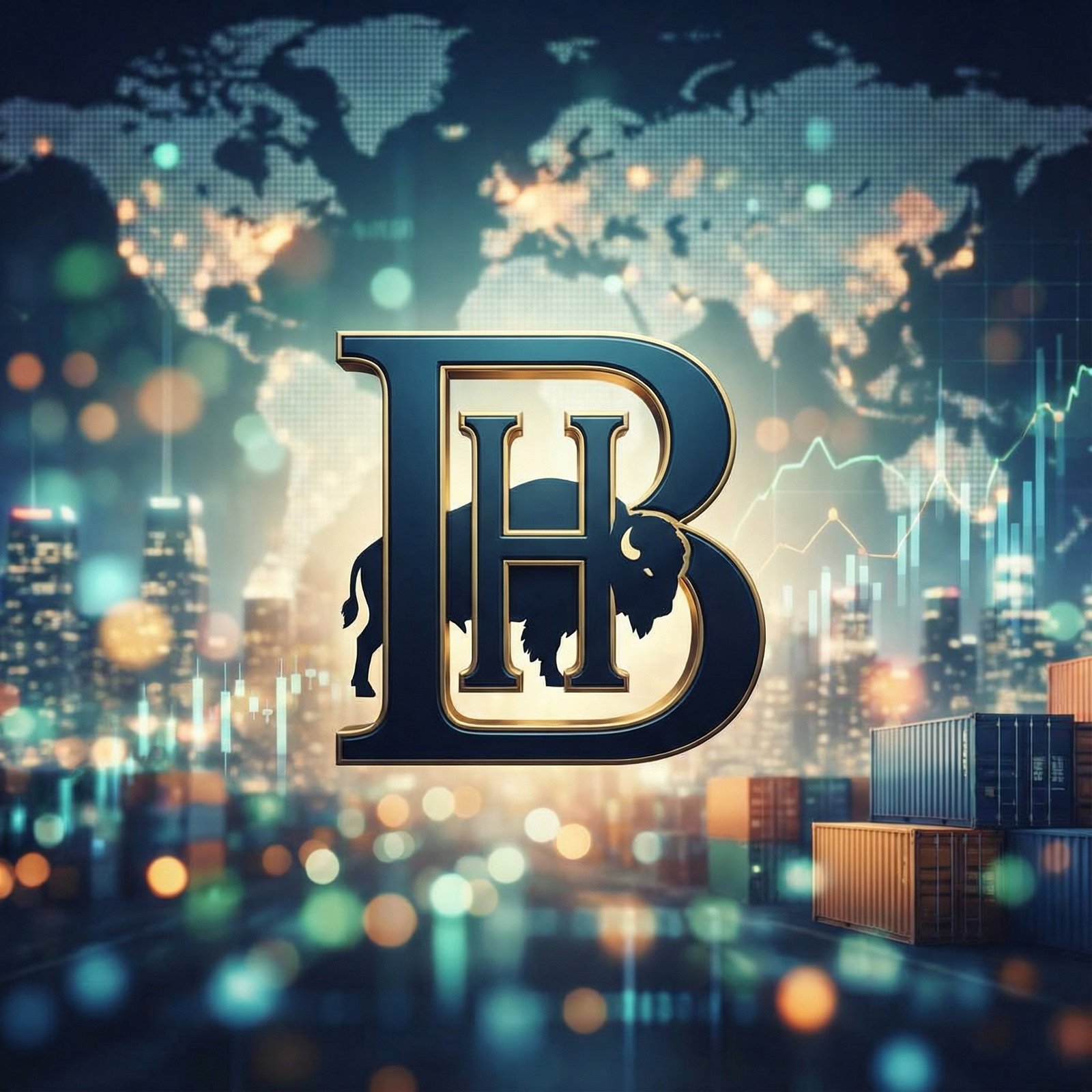 Berkshire Hathaway logo in the foreground with a blurred background of global business operations or a world map. Informational, high contrast. aspect ratio 1:1, no visible text, no Korean text