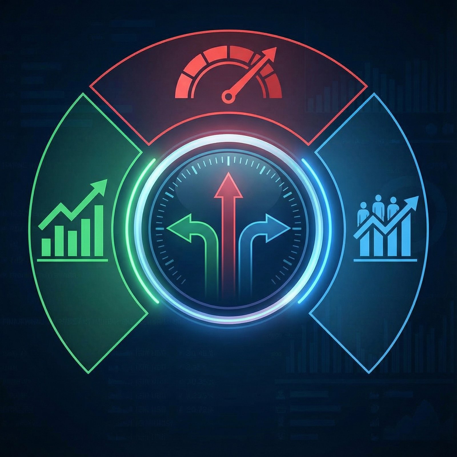 A sleek, modern infographic displaying economic indicators like GDP growth, inflation rates, and employment figures, with a central element representing interest rate decisions. The color palette should be professional and informative, using blues, greens, and reds to differentiate data points. No visible text, 1:1 aspect ratio.