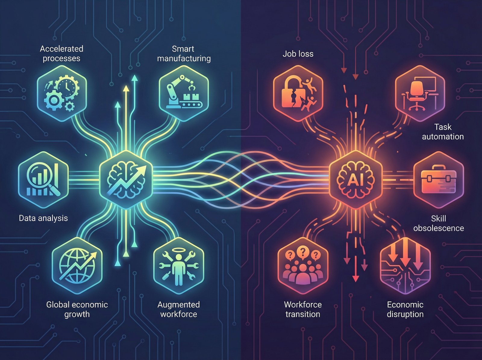 A stylized, clean infographic showcasing the dual impact of artificial intelligence on the economy: one side showing productivity gains and growth, the other showing potential job displacement. Use interconnected nodes and lines to illustrate complex relationships. Modern, digital art style. No visible text, 4:3 aspect ratio.
