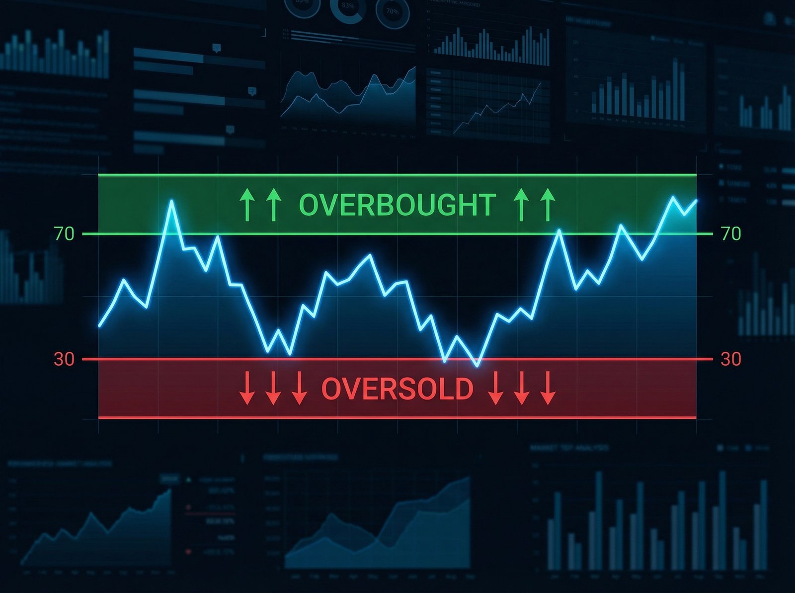 A modern infographic showing stock market analysis, with arrows indicating 'oversold' (downwards, below 30) and 'overbought' (upwards, above 70) zones on a chart. Clean layout, high contrast, no visible text, aspect ratio 4:3.