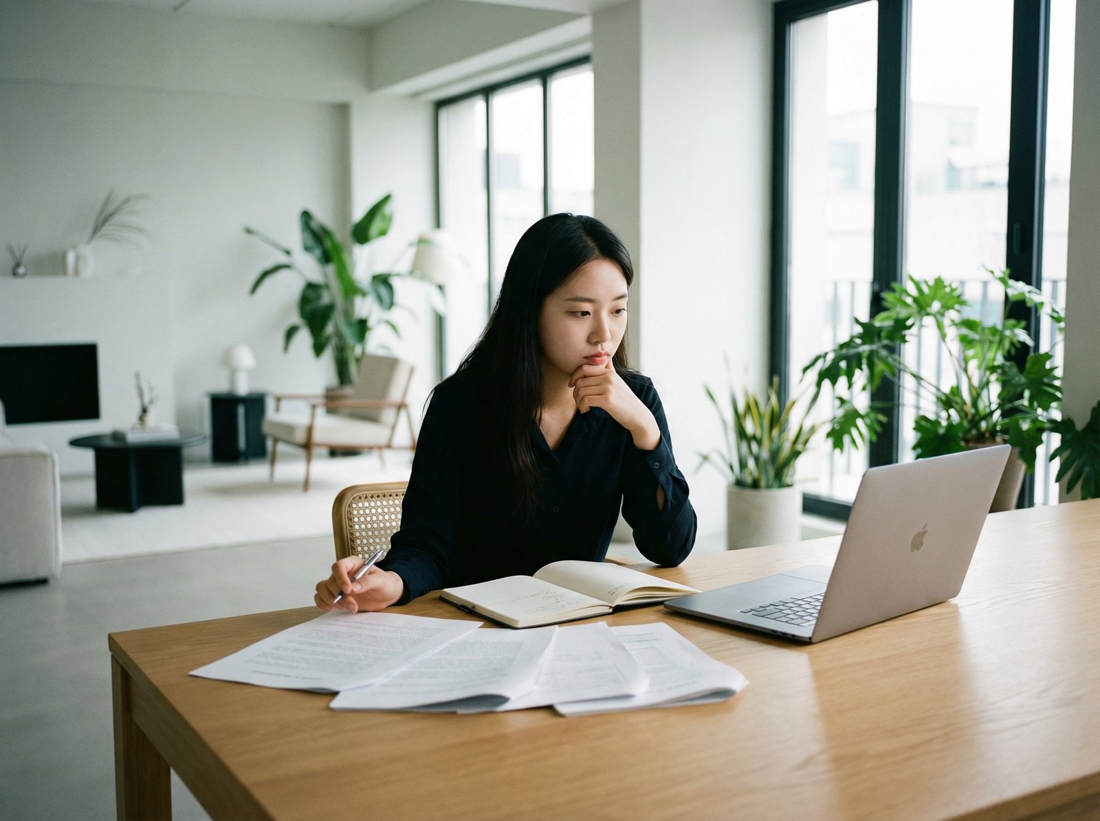 A young adult (around 18-25 years old, Korean appearance) sitting at a desk, looking thoughtfully at various legal documents, with a laptop open. The setting is modern and clean. Aspect ratio 4:3, no visible text.