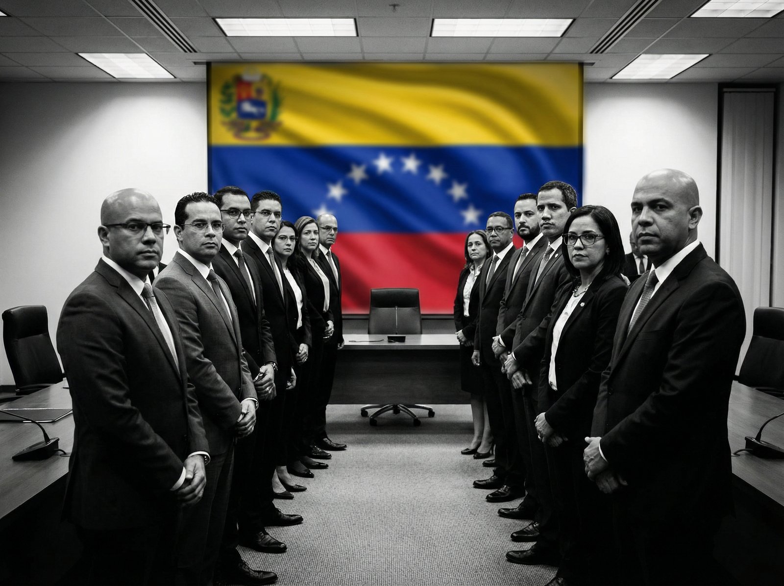 A serious group of individuals, representing a government, in front of a subtly visible Venezuelan flag. Informational style, clean layout, high contrast. Aspect ratio 4:3. No visible text. No Korean text.