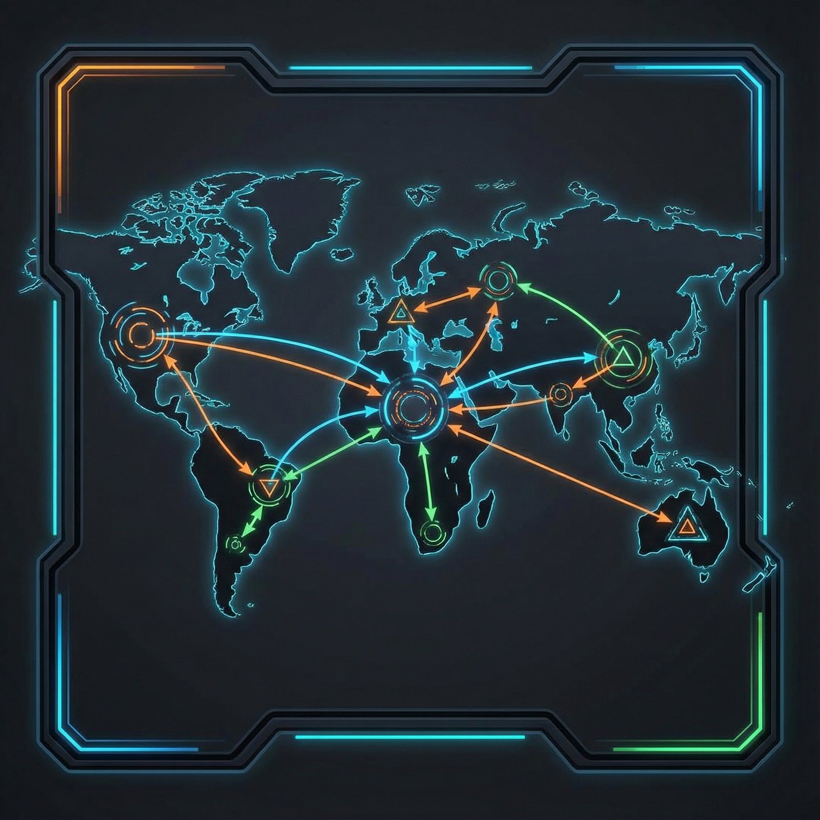 An abstract representation of illegal drug trafficking, focusing on a global scale. Informational style, modern layout, high contrast. Aspect ratio 1:1. No visible text. No Korean text.