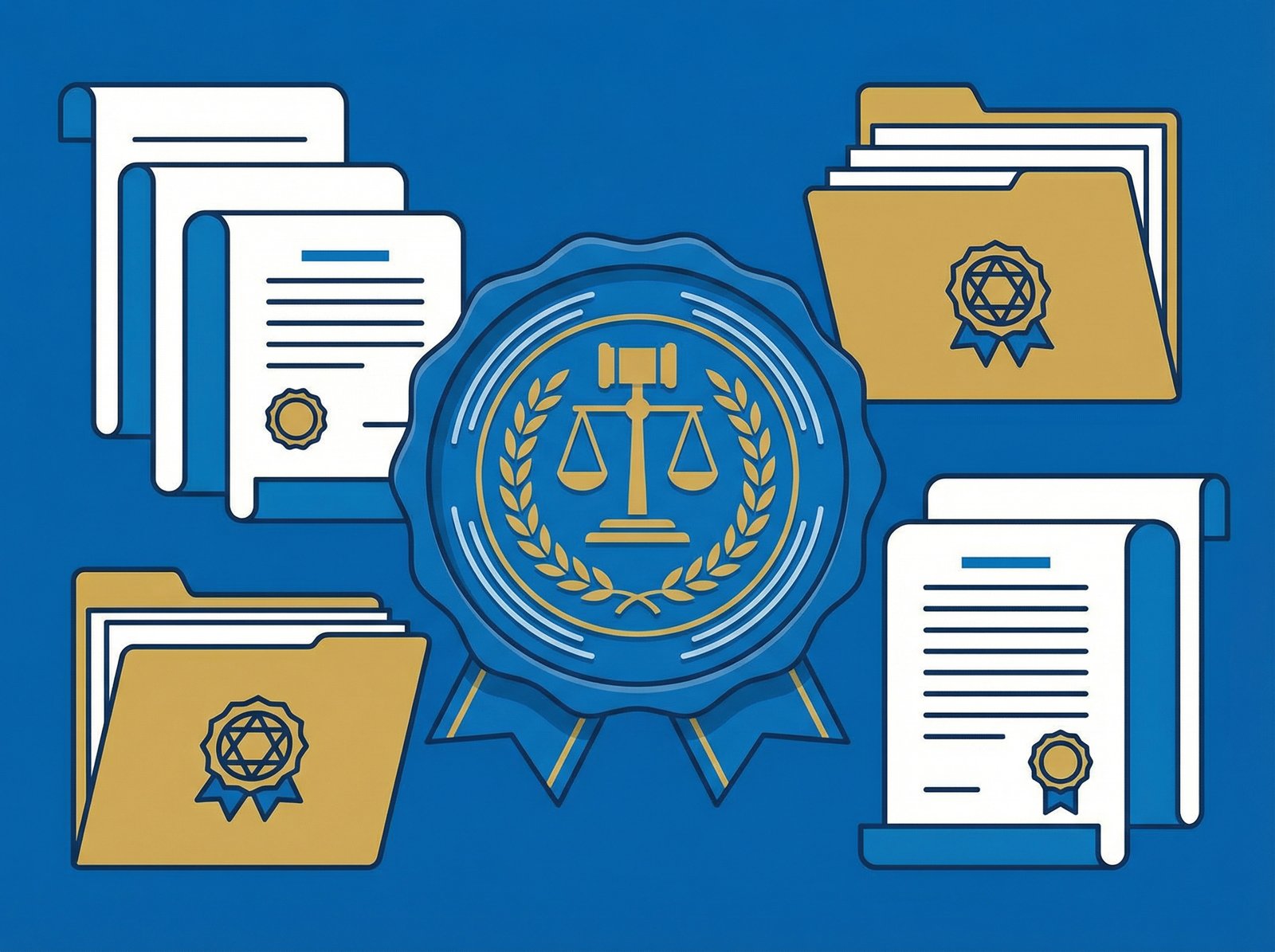 A stylized image of legal documents and an indictment seal, symbolizing justice and legal proceedings. Informational style, clean infographic, high contrast. Aspect ratio 4:3. No visible text. No Korean text.