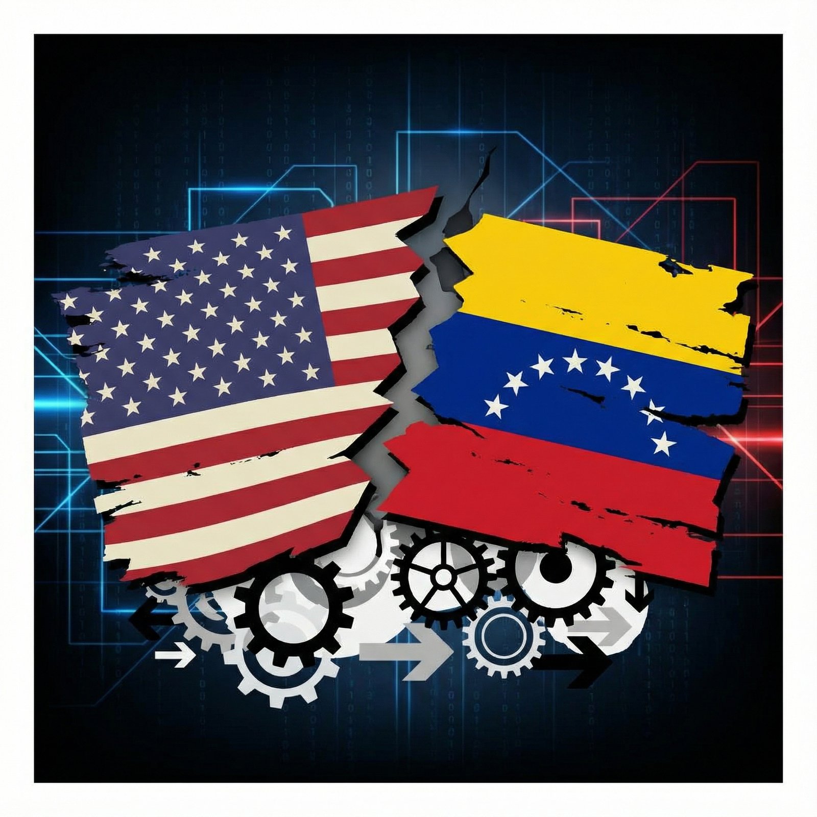 A conceptual image showing the flags of the United States and Venezuela, subtly implying political tension and conflict between the two nations. Informational style, modern layout, high contrast. Aspect ratio 1:1. No visible text. No Korean text.