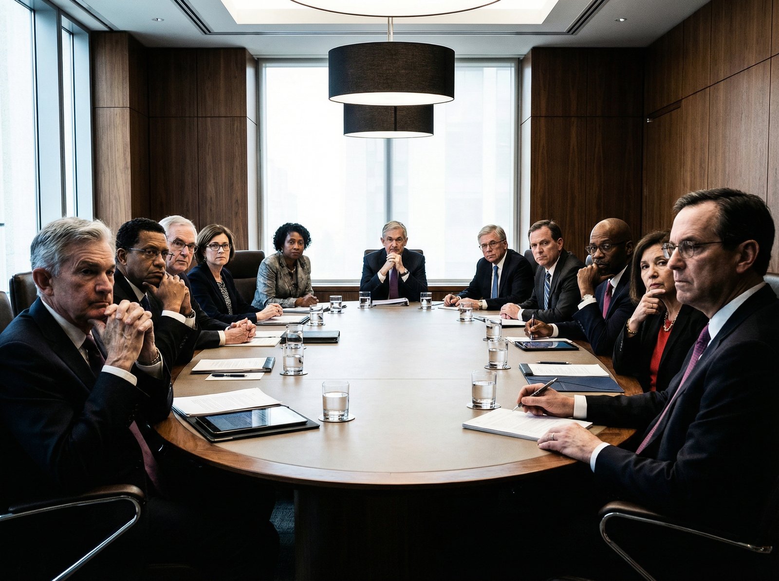 Federal Reserve officials in a serious discussion during a policy meeting, diverse group, subtle tension, formal setting, modern layout, high contrast, aspect ratio 4:3, no visible text, no Korean text