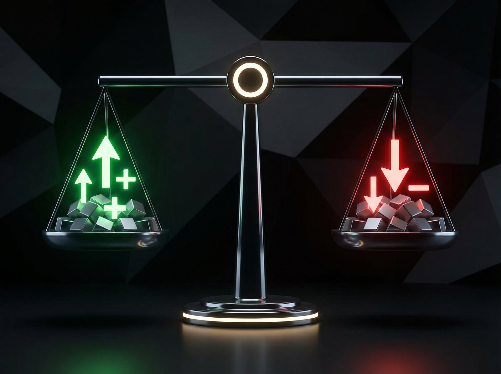 A balanced scale with symbols representing 'gainers' on one side and 'laggards' on the other, showing the market's mixed performance, modern layout, high contrast, aspect ratio 4:3, no visible text, no Korean text
